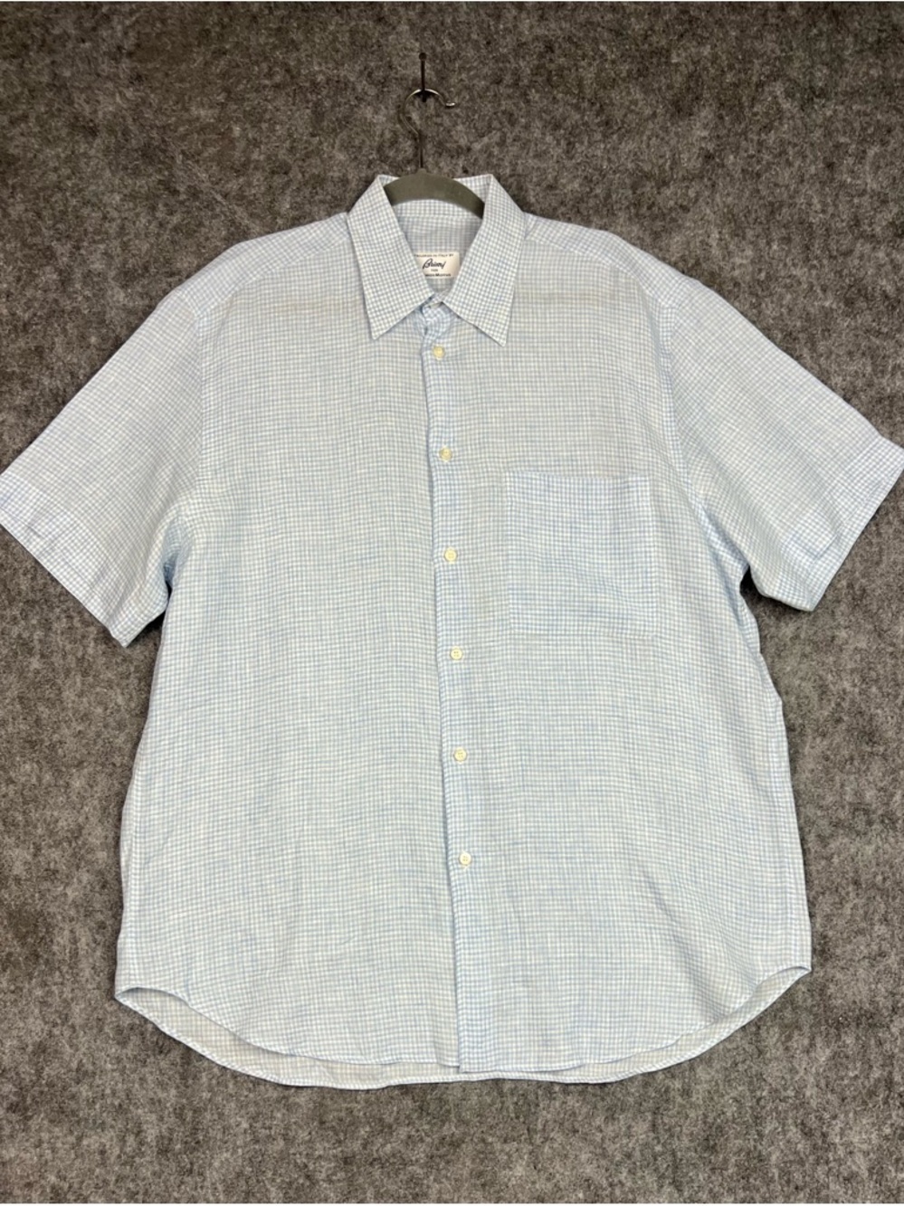 Brioni Light Blue Micro-Check Short-Sleeve Button-Down Shirt Size L - Picture 7 of 7